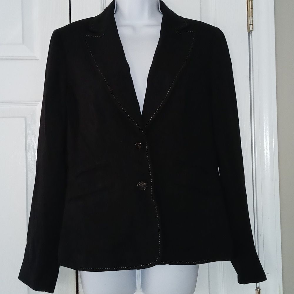 Nine West black button front blazer with stitch trim Sz 10 EUC